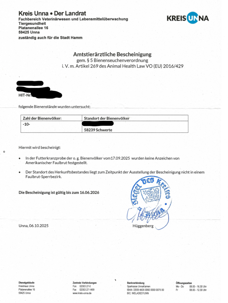 Honigbienen Seuchenfreiheitsbescheinigung Gesundheitszeugnis 2025